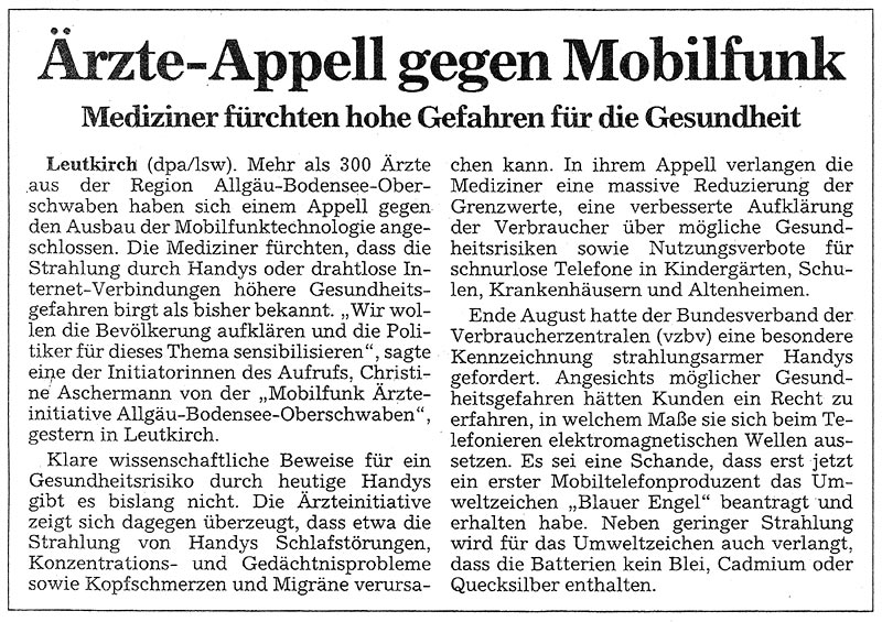 BNN Karlsruhe, Ärzte-Appell gegen Mobilfunk